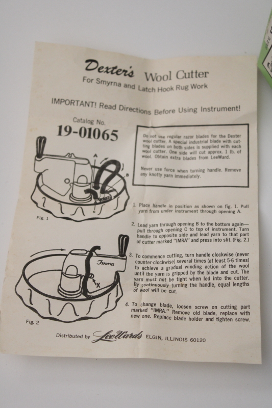 vintage hand crank rug yarn cutter w/ blade  instructions LeeWards Imra Germany brand