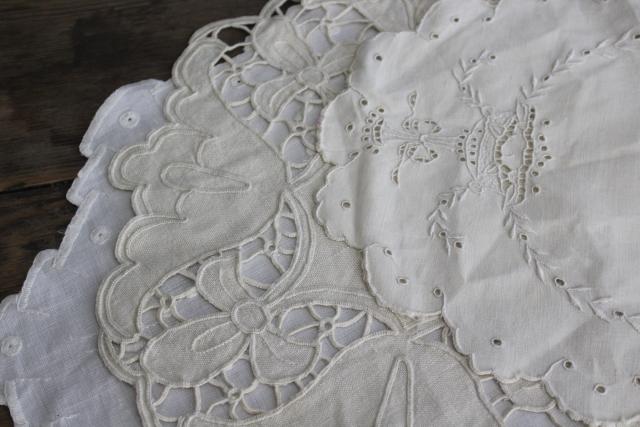 vintage hand embroidered linen cotton table mats, centerpiece toppers, doilies lot
