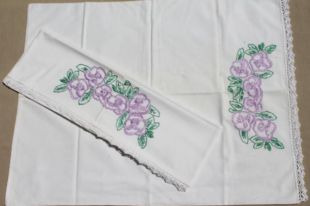 vintage hand embroidered pillowcases w/ crochet lace edgings, shabby cottage style bedding lot