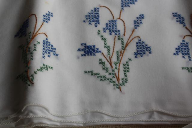 vintage hand embroidered pillowcases, poly blend bed linens nice for crafts or upcycling