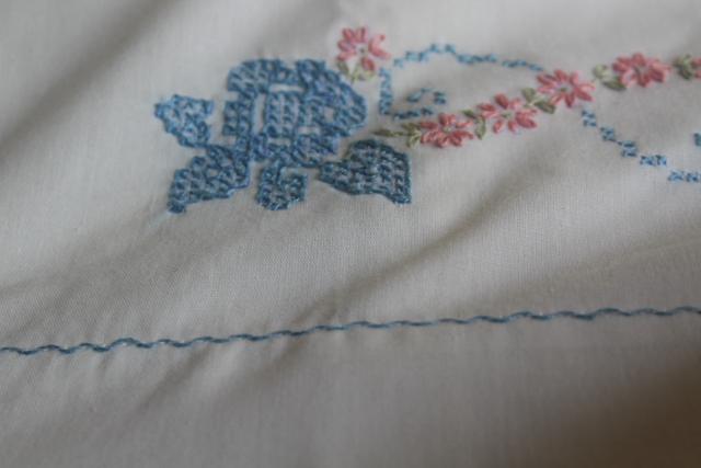 vintage hand embroidered pillowcases, poly blend bed linens nice for crafts or upcycling