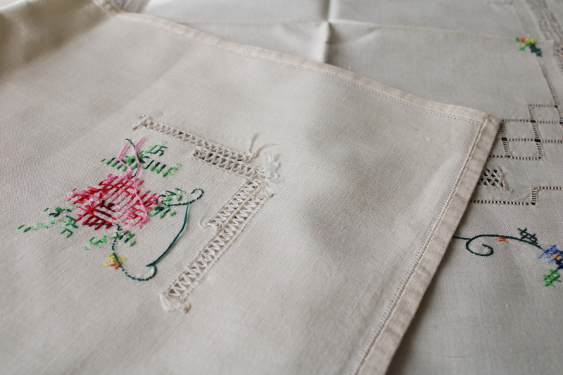 vintage hand embroidered  tablecloth  napkins set, cross stitch roses drawn thread