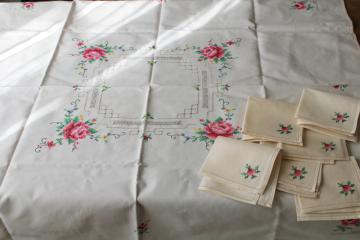 vintage hand embroidered  tablecloth  napkins set, cross stitch roses drawn thread
