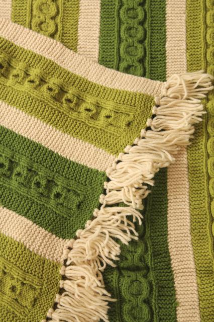 vintage hand knit wool blanket, knitted afghan aran cables, striped in cream & irish green