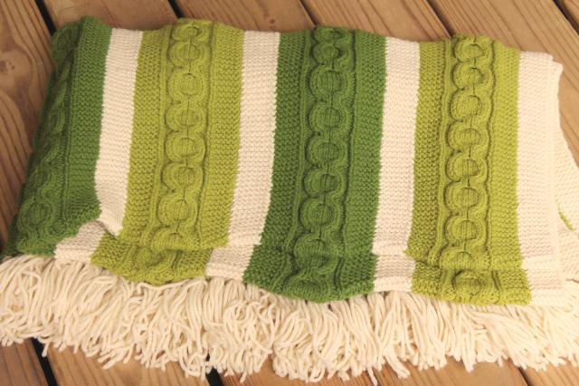 vintage hand knit wool blanket, knitted afghan aran cables, striped in cream & irish green