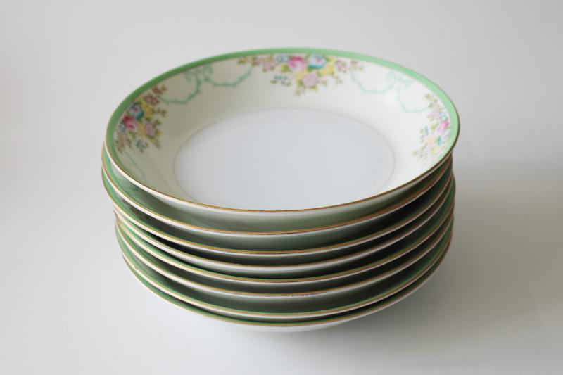 vintage hand painted Japan Meito china soup bowls set of 8 Formal Garden floral w/ green