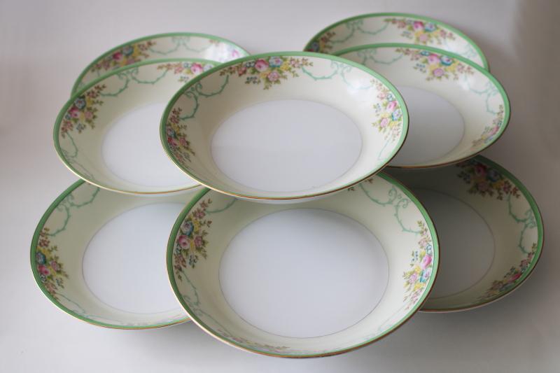 vintage hand painted Japan Meito china soup bowls set of 8 Formal Garden floral w/ green