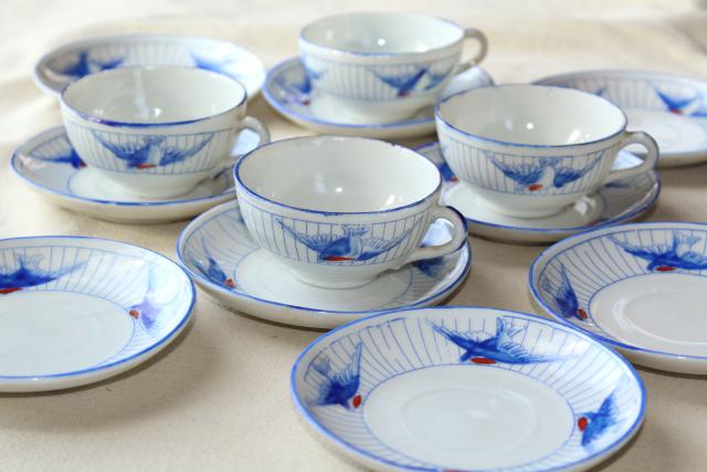 vintage hand painted Japan blue bird china doll dishes, child's play toy tea party set