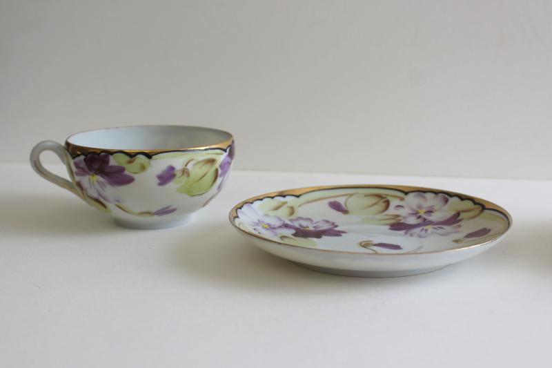 vintage hand painted Japan china cup & saucer sets, purple violets floral