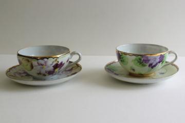 vintage hand painted Japan china cup & saucer sets, purple violets floral