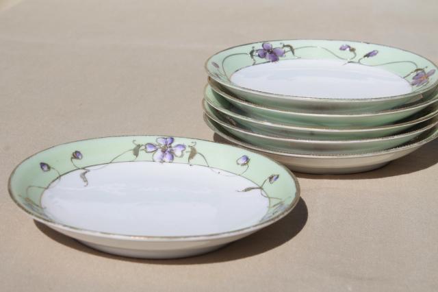 vintage hand painted Japan china plates w/ violet flowers, Nippon gold moriage porcelain
