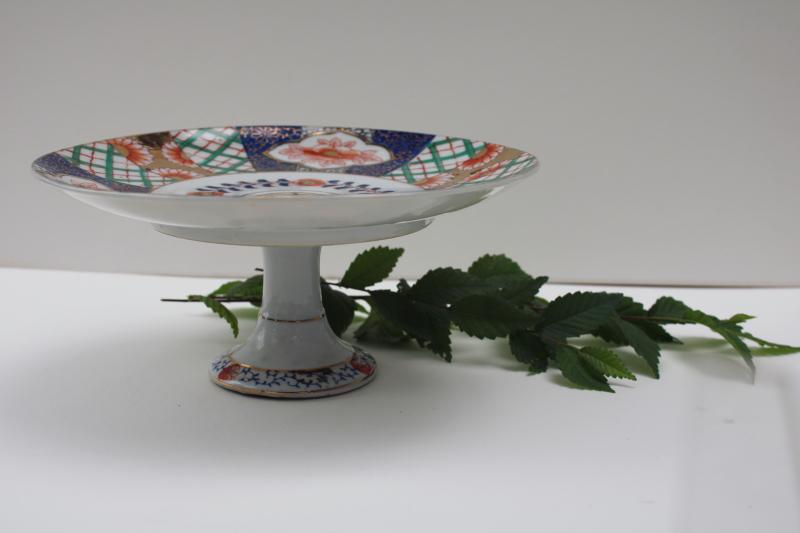 vintage hand painted Japan porcelain cake stand plate, Imari style red blue green china