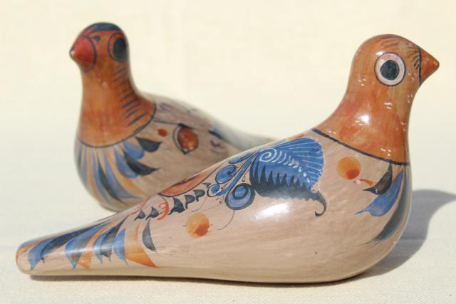 vintage hand painted Mexican pottery doves, burnished clay Tonala birds