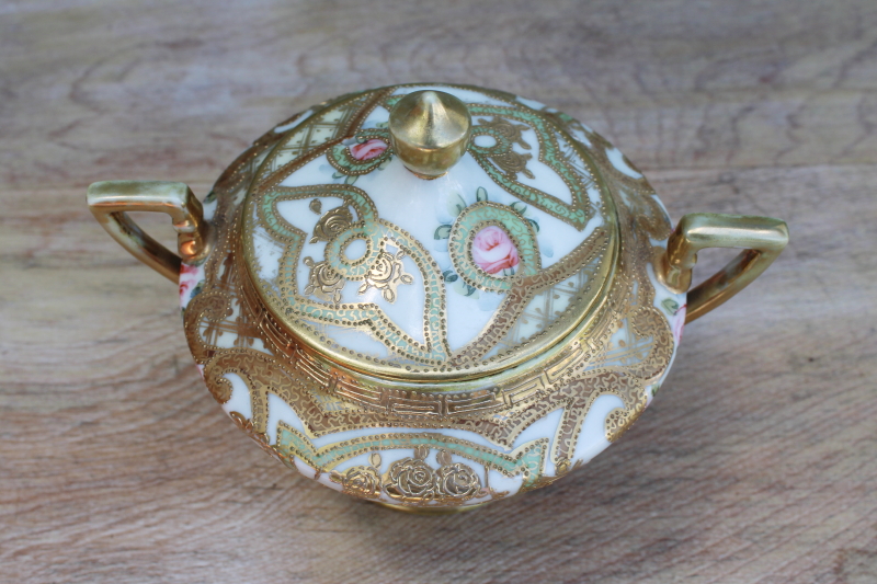 vintage hand painted Nippon large sugar bowl covered jar, gold moriage ornate roses floral