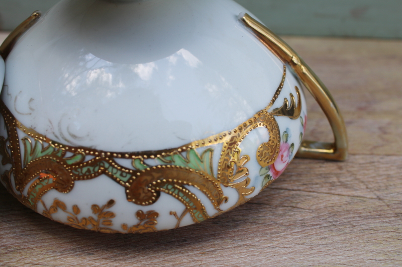 vintage hand painted Nippon large sugar bowl covered jar, gold moriage ornate roses floral