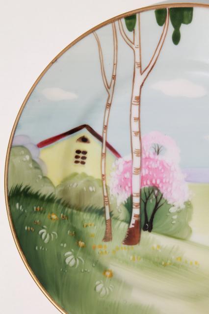 vintage hand painted Nippon porcelain plate w/ tree & cottage scene, cottageware china