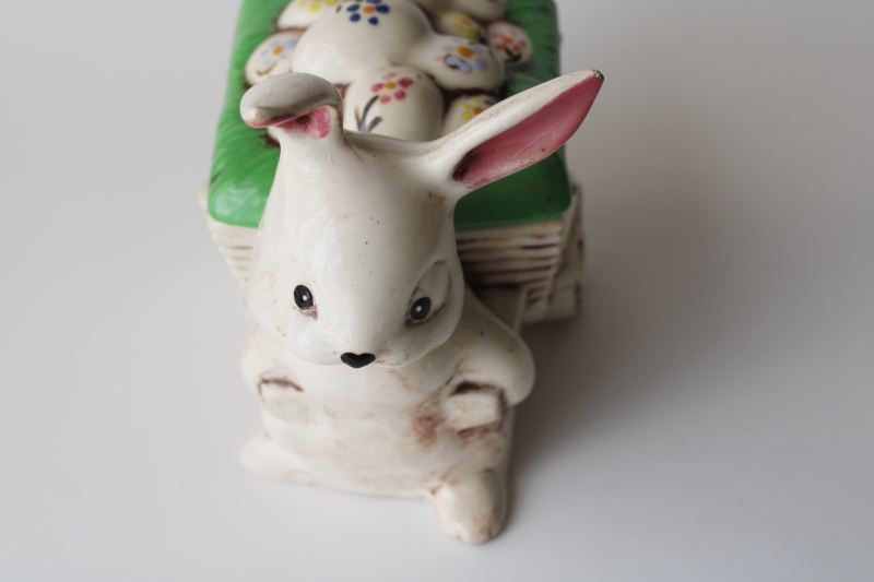 vintage hand painted ceramic candy dish, Easter eggs cart w/ bunny rabbit