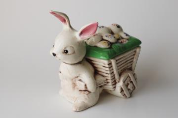 vintage hand painted ceramic candy dish, Easter eggs cart w/ bunny rabbit