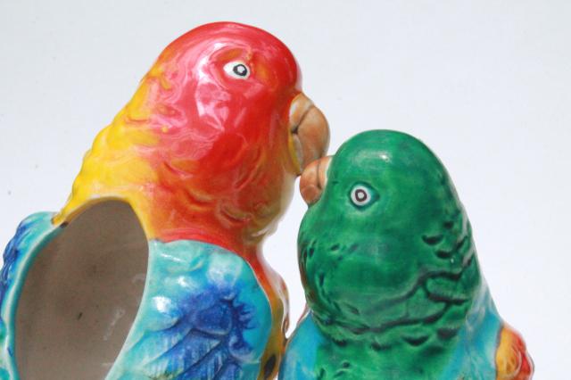 vintage hand painted ceramic pair of parrots hanging planter pot, love birds on swing