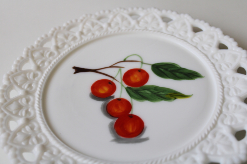 vintage hand painted cherries plate, acanthus leaf lace edge milk glass