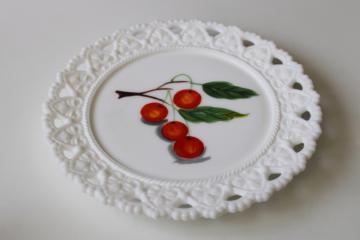 vintage hand painted cherries plate, acanthus leaf lace edge milk glass