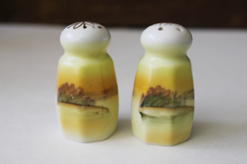 vintage hand painted china salt  pepper shakers, Made in Japan S&P set sunset on lake