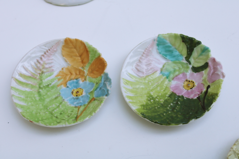 vintage hand painted china tiny plates or butter pats, embossed roses & fern, poppies & wheat