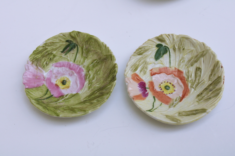 vintage hand painted china tiny plates or butter pats, embossed roses & fern, poppies & wheat