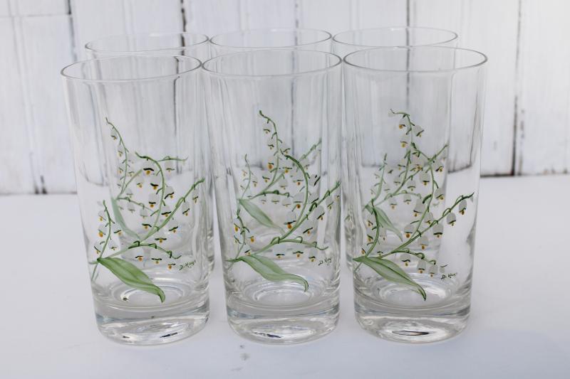 vintage hand painted glass tumblers, lily of the valley drinking glasses artist signed