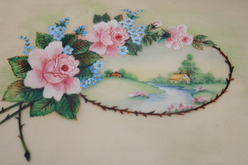 vintage hand painted paper dresser box, greeting card style candy box for gloves or hankies
