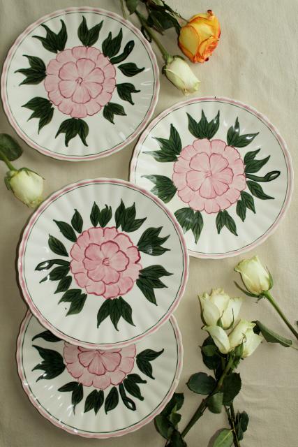 Vintage Hand Painted Plates Rose Pink Peony Or Camellia Blue