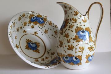vintage hand painted pottery Italian ceramic pitcher & bowl, Nora Fenton Italy imports