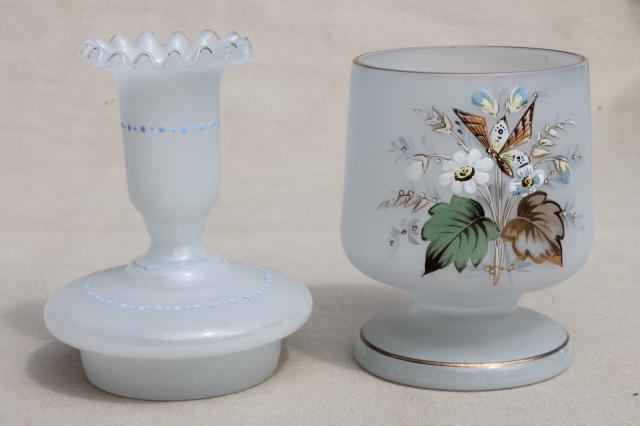 vintage hand painted translucent camphor glass vanity bottles & jar candle holders