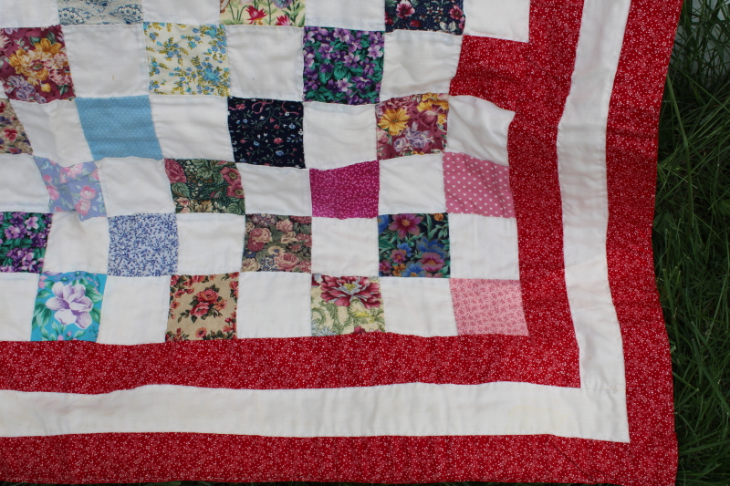 vintage hand quilted cotton patchwork mini quilt wall hanging, colorful print fabric blocks