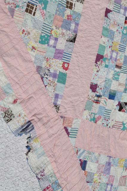 vintage hand quilted patchwork quilt, pretty soft faded colors, shabby cottage chic