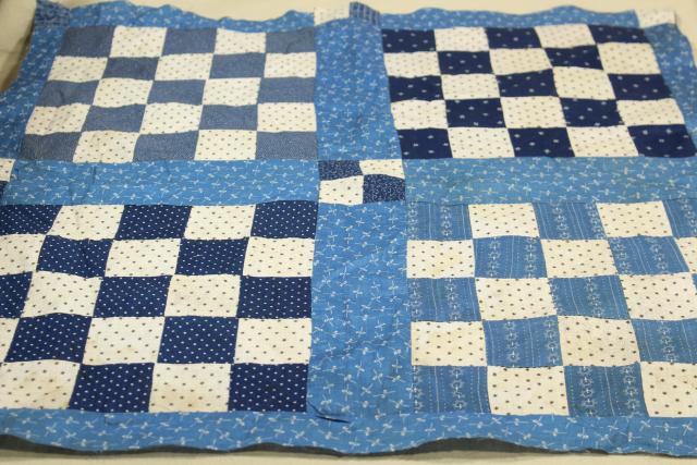 vintage hand sewn patchwork block mini quilt top, early indigo antique fabric