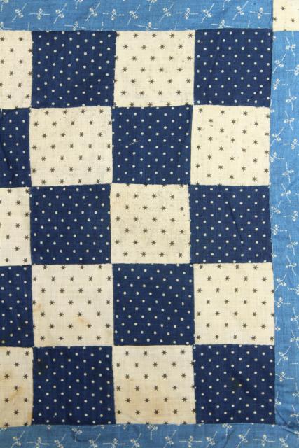 vintage hand sewn patchwork block mini quilt top, early indigo antique fabric