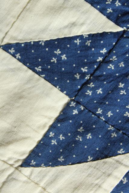 vintage hand stitched cotton patchwork quilt, indigo blue & white rustic farmhouse bedspread