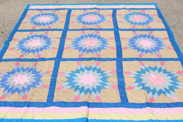 vintage hand stitched cotton quilt, big lone star blocks pink & blue patchwork 