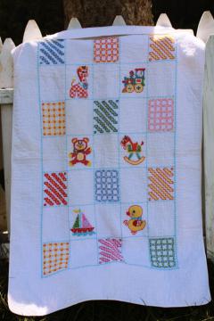 vintage hand stitched embroidered baby blanket, quilt w/ cross stitch embroidery