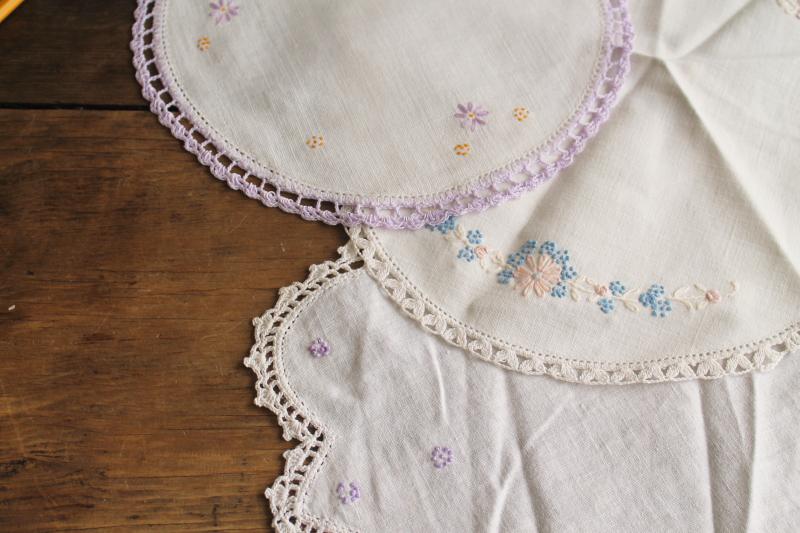 vintage hand stitched embroidered doilies lot, cotton fabric rounds & long table mats