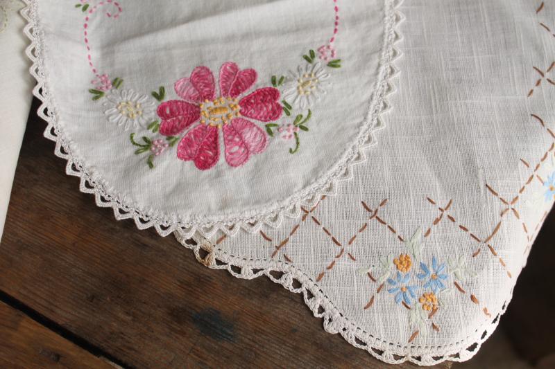 vintage hand stitched embroidered doilies lot, cotton fabric rounds & long table mats