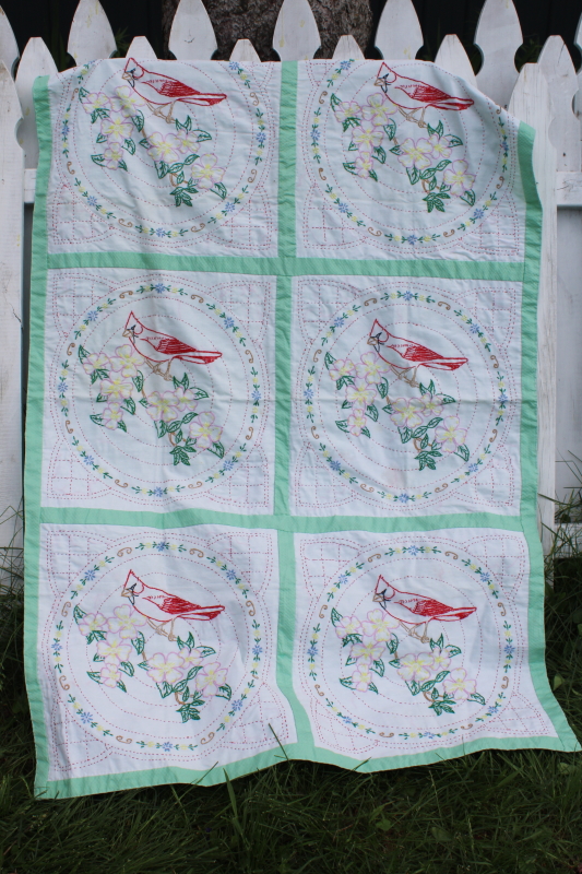 vintage hand stitched embroidered quilt blocks cardinal birds small cotton wall hanging