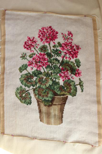 vintage hand stitched needlepoint, pink geraniums floral needlework to frame or upcycle