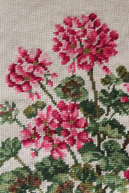 vintage hand stitched needlepoint, pink geraniums floral needlework to frame or upcycle