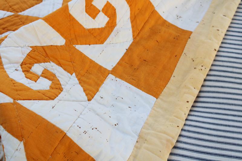 vintage hand stitched quilt, snail’s trail patchwork mustard gold & white