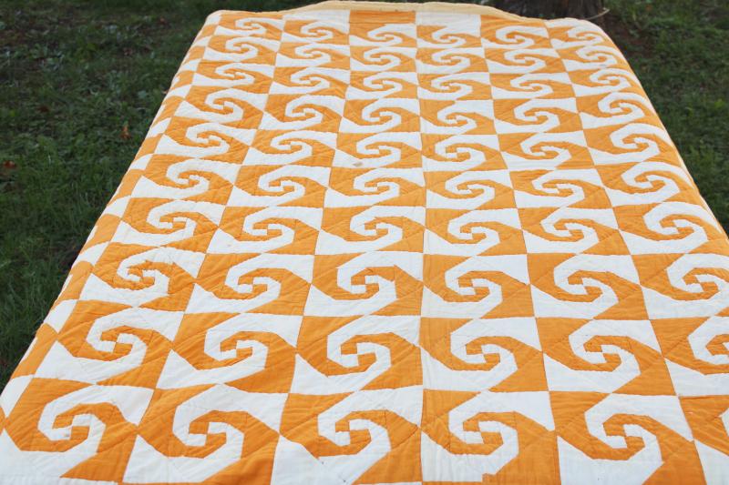 vintage hand stitched quilt, snail’s trail patchwork mustard gold & white