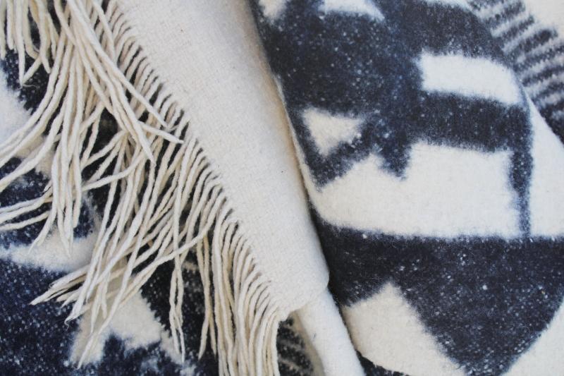 vintage hand woven wool or alpaca Indian blanket blue & white figures traditional design