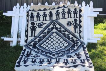 vintage hand woven wool or alpaca Indian blanket blue & white figures traditional design