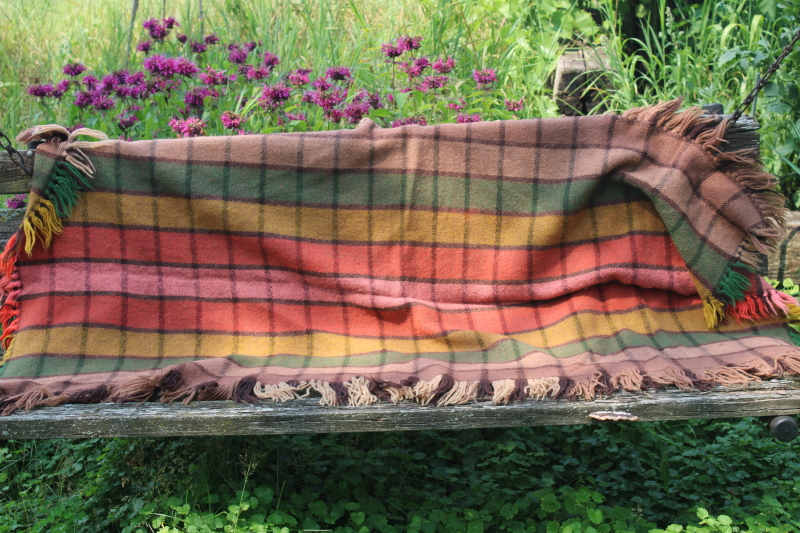 vintage hand woven wool shawl or fringed throw, checked blocks shades of brown w/ fall colors